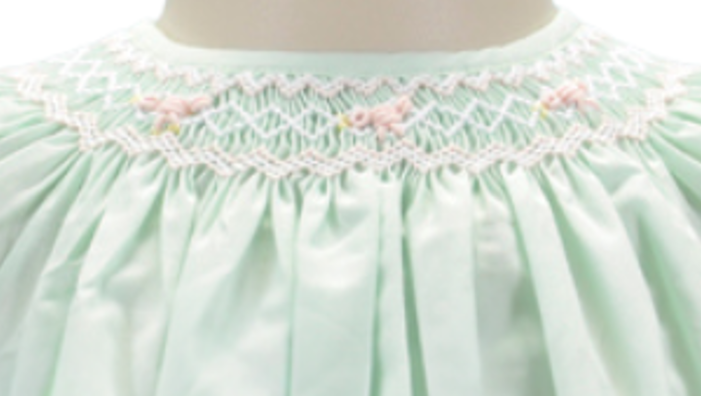 Mint Geometric Smocked Short Sleeve Bishop Dress With Little Birds Embroidered