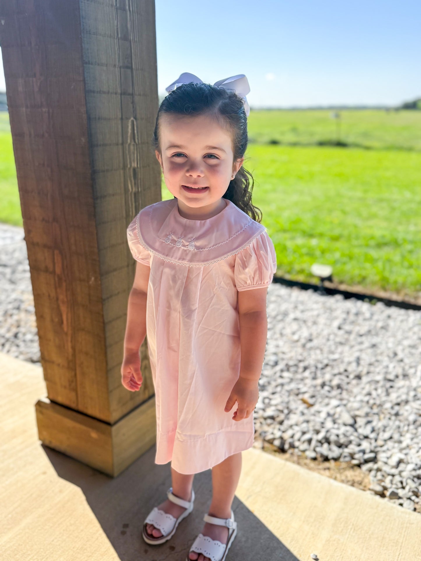 Pink Easter Dress with Embroidered Bunnies