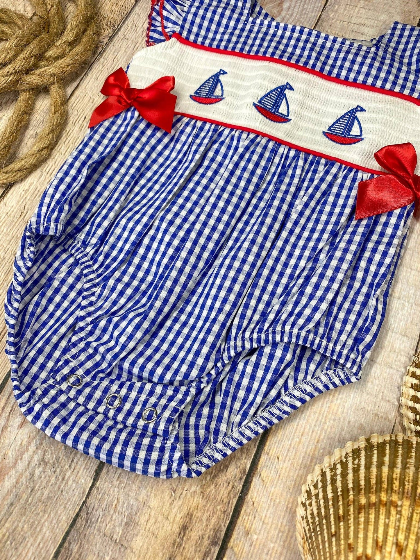 Blue Gingham Smocked Sailboat Girls Bubble