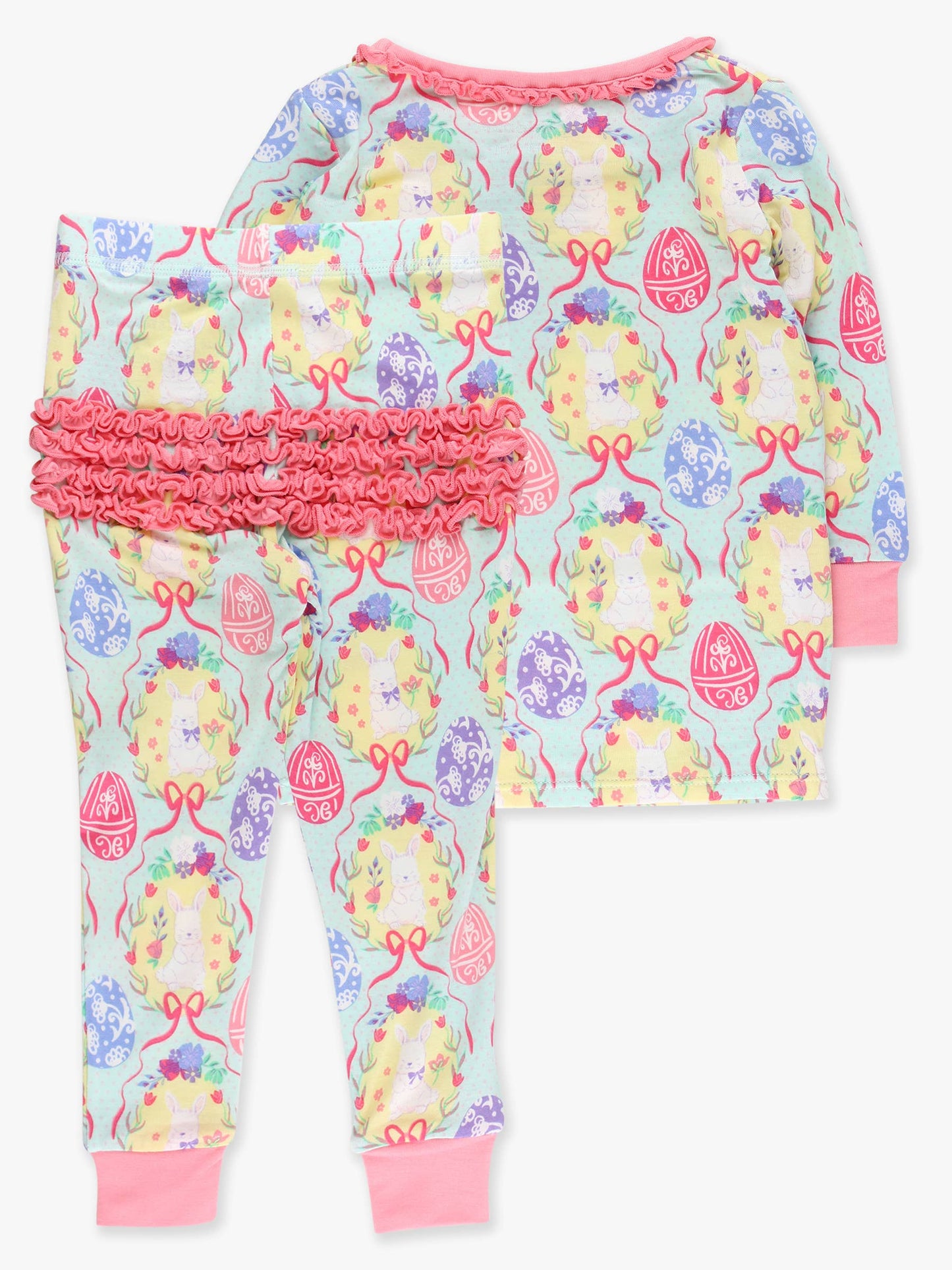SoftSnooze™ Toddler Girls Bamboo Viscose Bunnies in Bloom Ruffle Long Sleeve Pajama Set with Signature Rear Ruffles