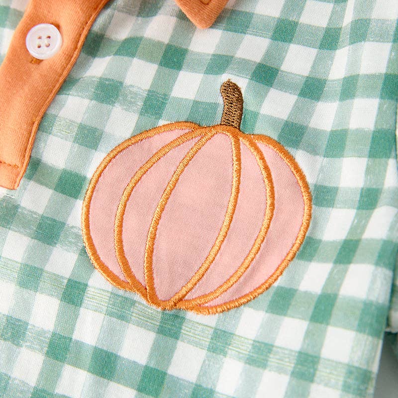 Boys Halloween Green Plaid Yellow Pumpkin Applique Shirt