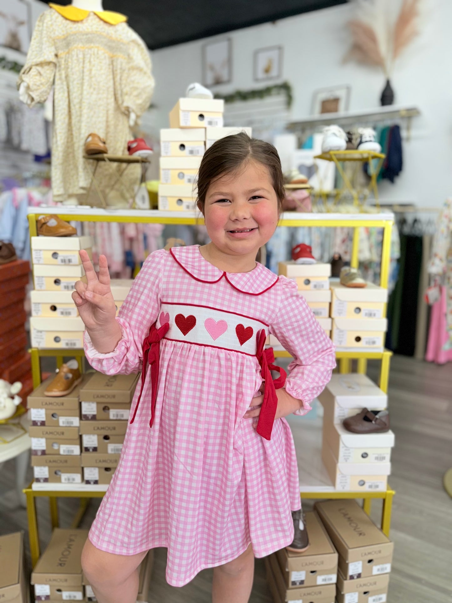Girls' Valentine's Day Heart Smocking Embroidered Plaid Dress