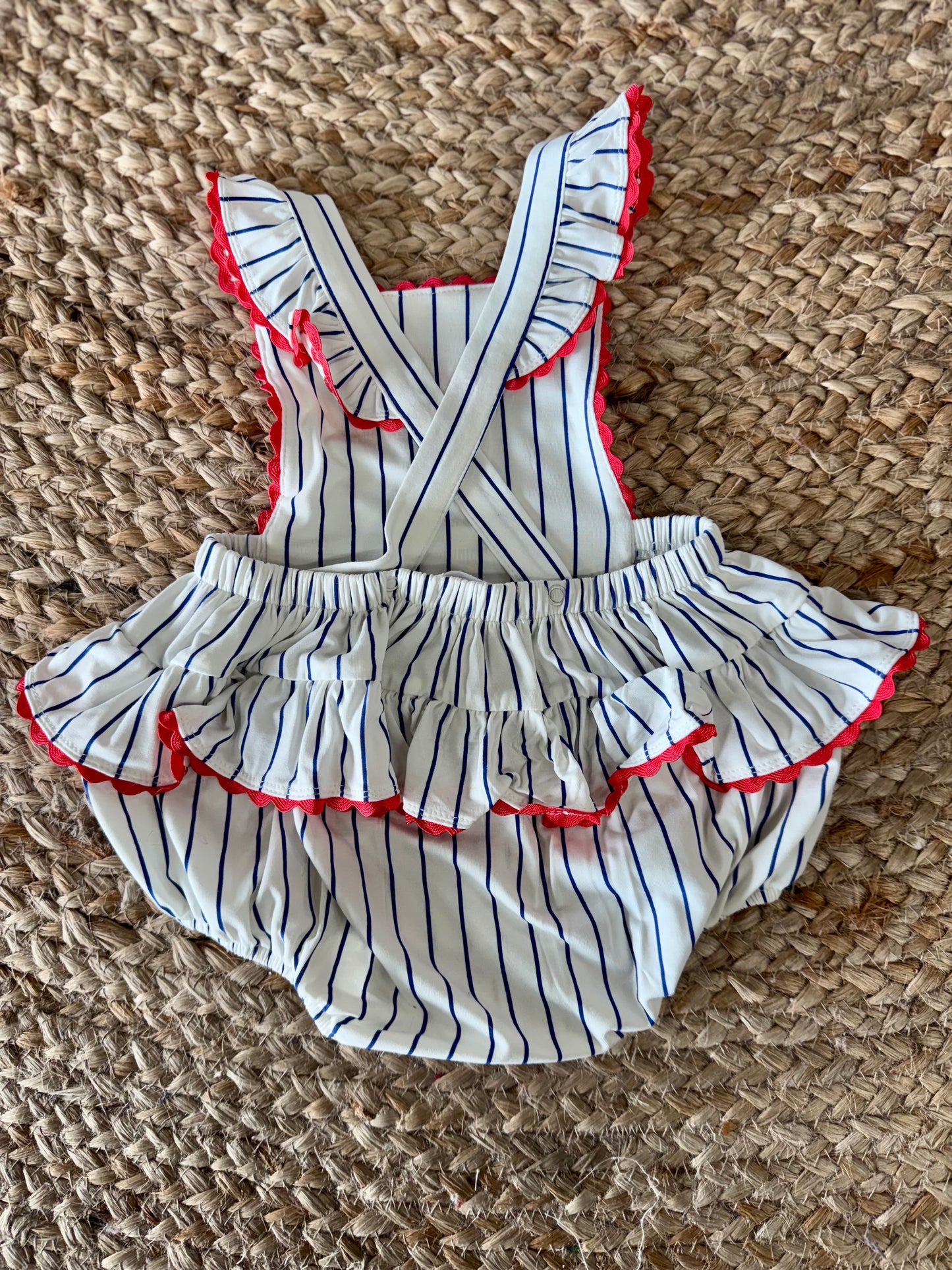 AD Baseball Stripe Ric Rac Ruffle Sunsuit