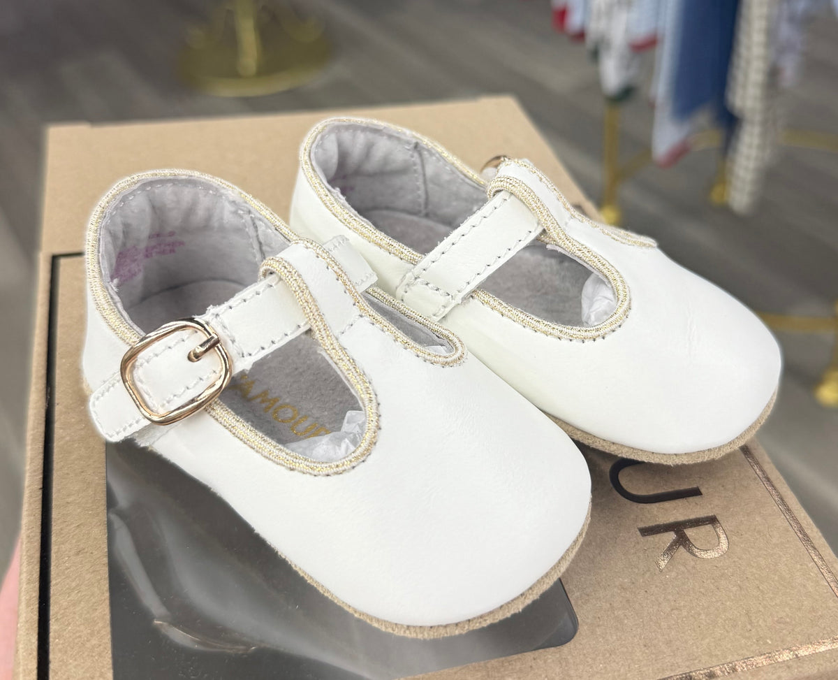 L'Amour Evie White/Gold Trim Crib Shoes 3533