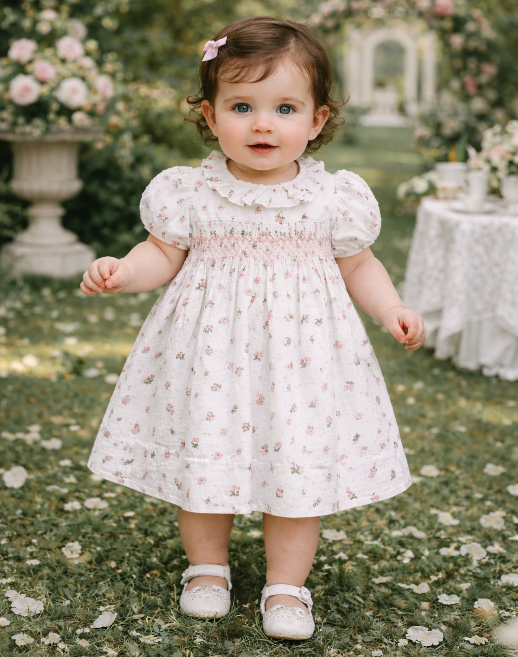 Floral Print Swiss Dot Dress with Hand Smocking