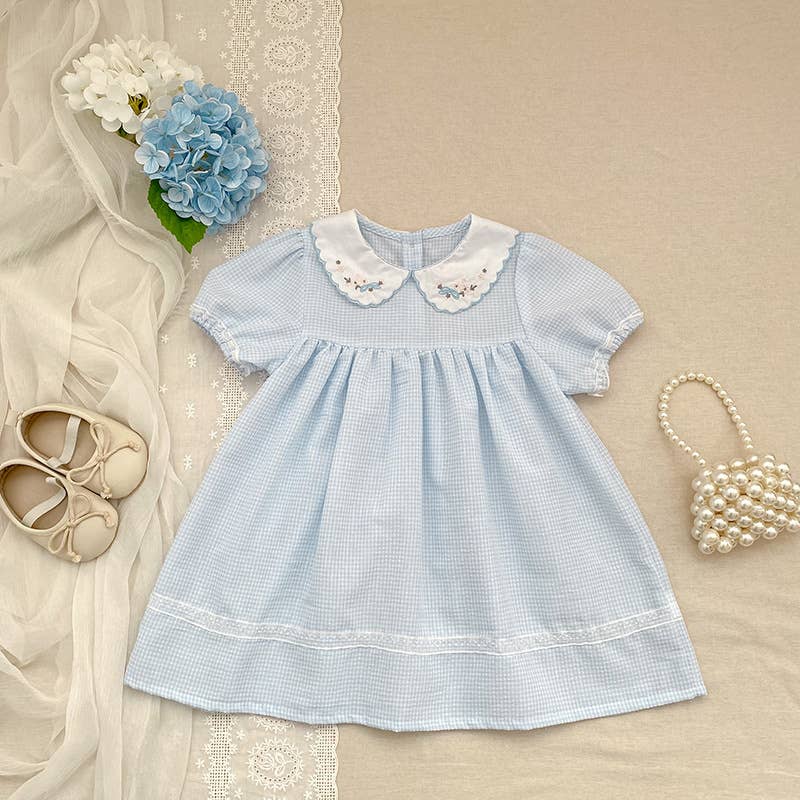 Summer Plaid Girls Embroidery Petals Collar Dress/Romper