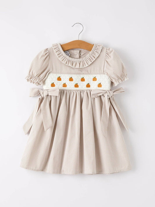 Fall Pumpkin Embroidery Smock Plaid Girls Dress