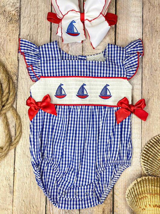 Blue Gingham Smocked Sailboat Girls Bubble