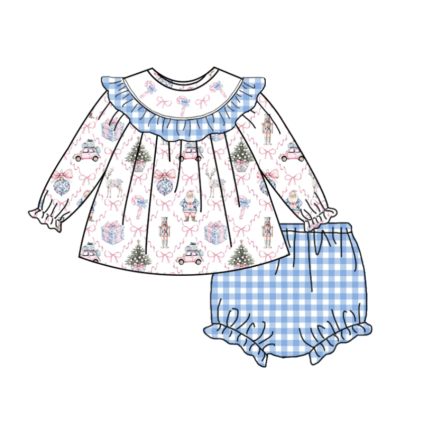 Girls Christmas Santa Bow Smocked Embroidery Custom Name Dress & Baby Set