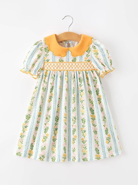 Fall Smocked Floral & Stripe Baby Girl Dress with Scallop Collar