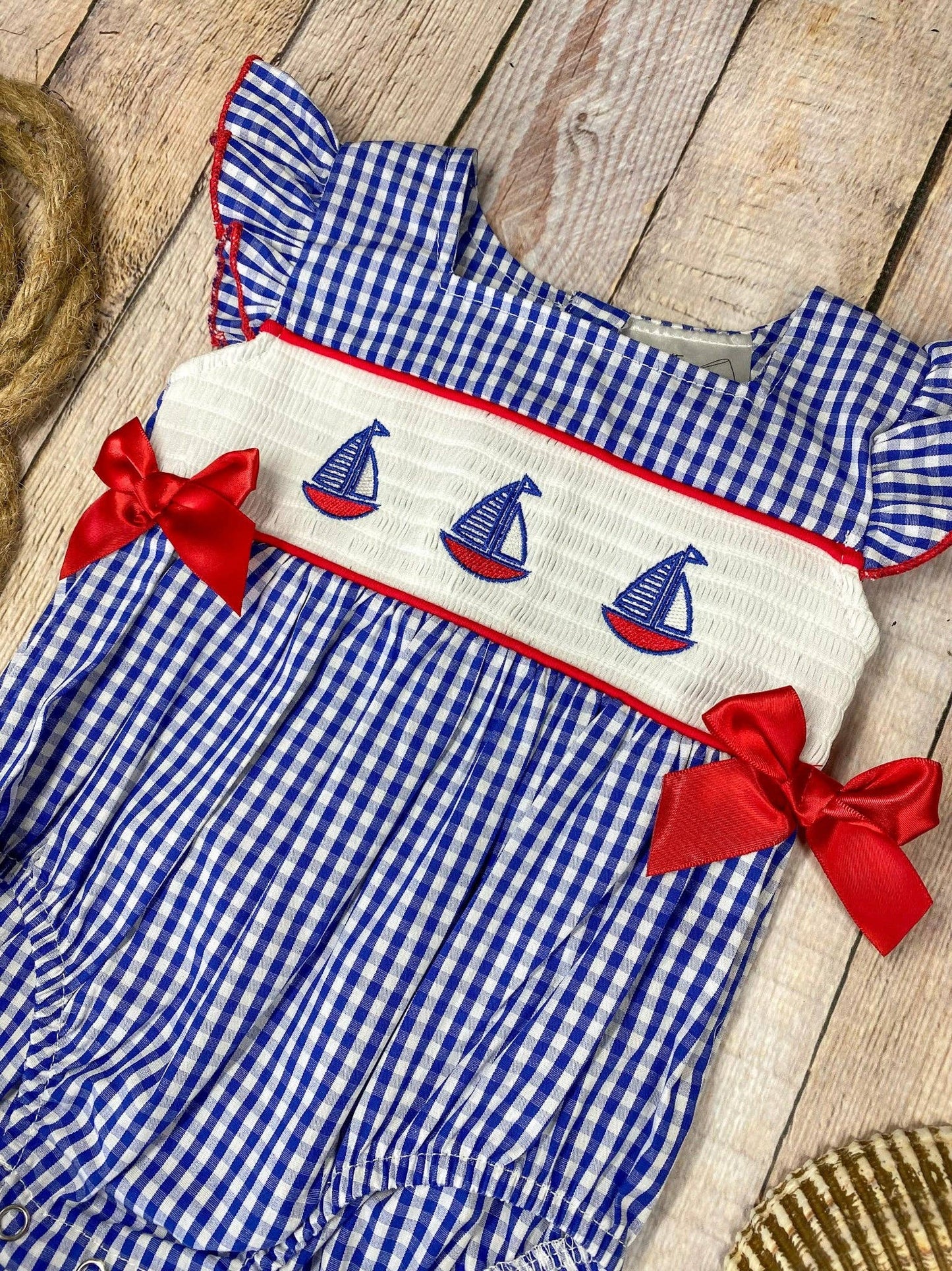 Blue Gingham Smocked Sailboat Girls Bubble