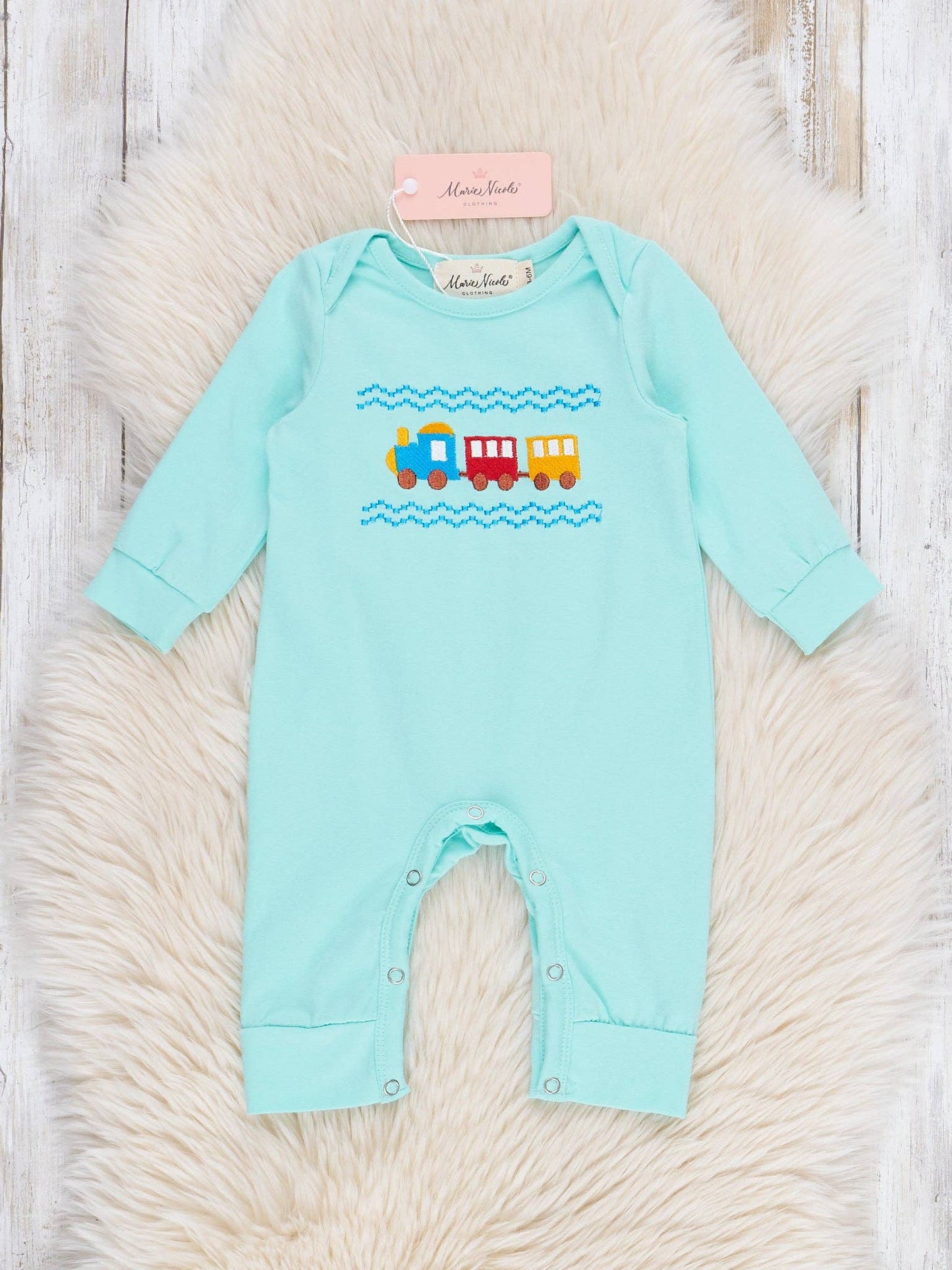 Teal & Yellow Embroidered Trains Romper