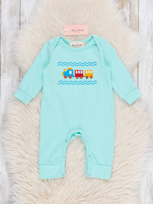 Teal & Yellow Embroidered Trains Romper