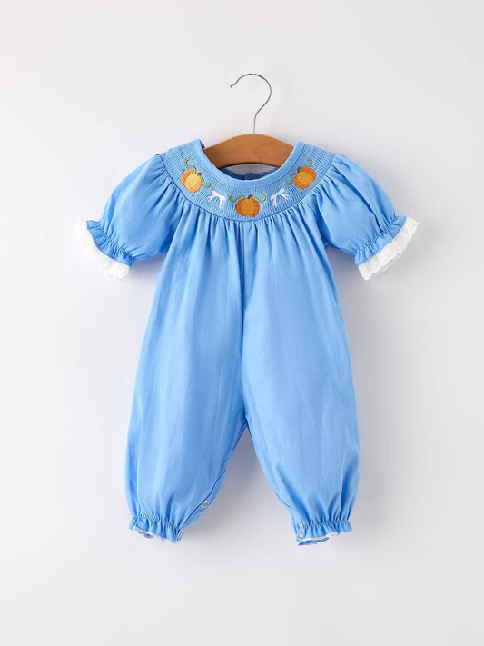Fall Blue Pumpkin Smock Embroidery Lace Baby Girl Romper