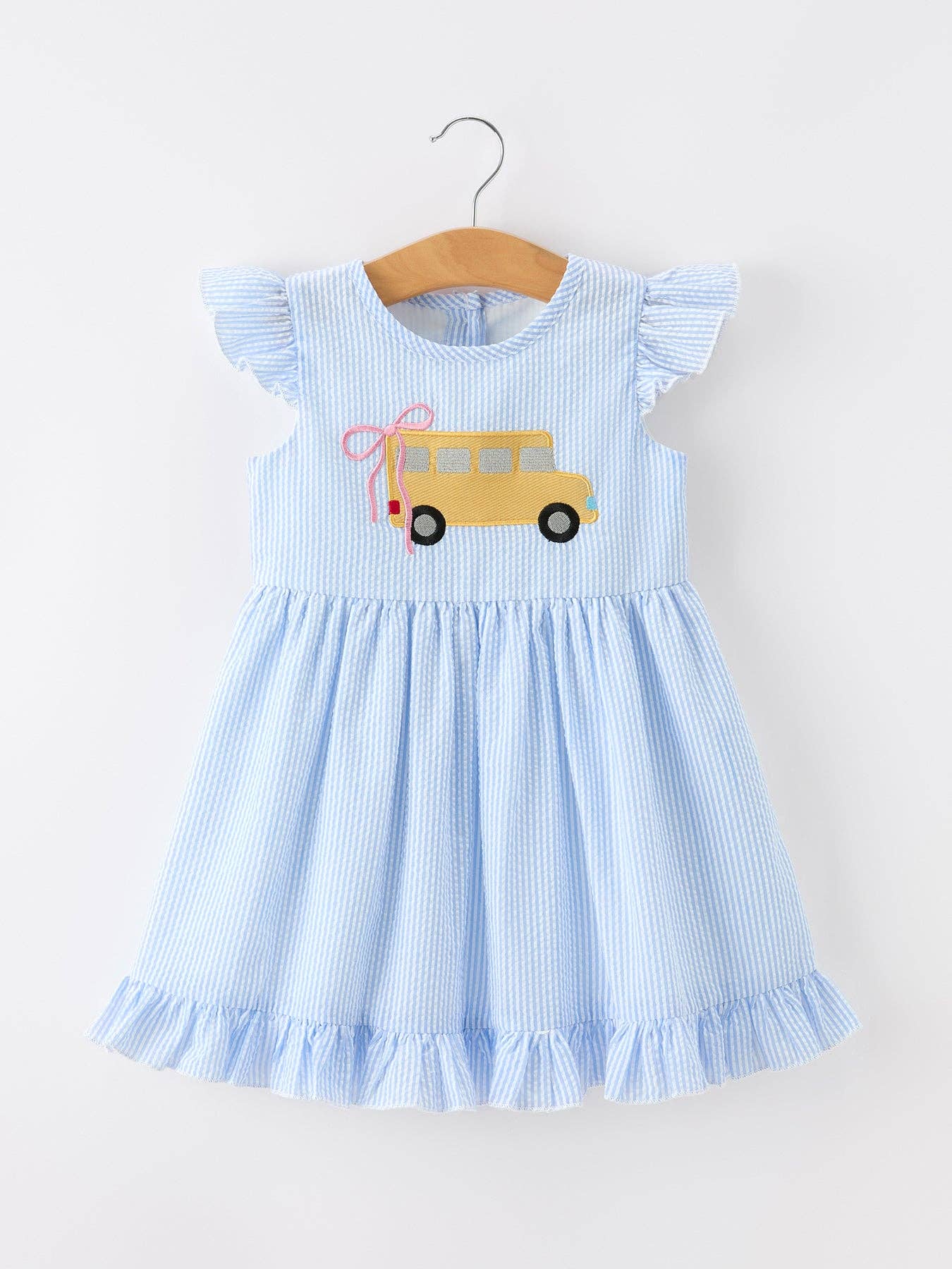 Summer Bus Applique Girls Dress Blue Stripe Ruffle