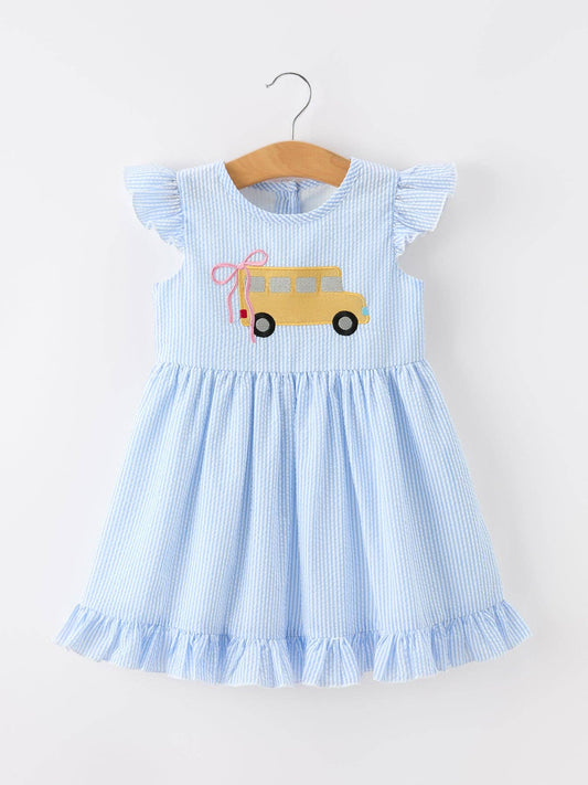 Summer Bus Applique Girls Dress Blue Stripe Ruffle