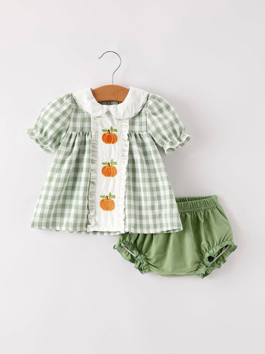 Fall Applique Plaid Girls Bloomers Romper Set