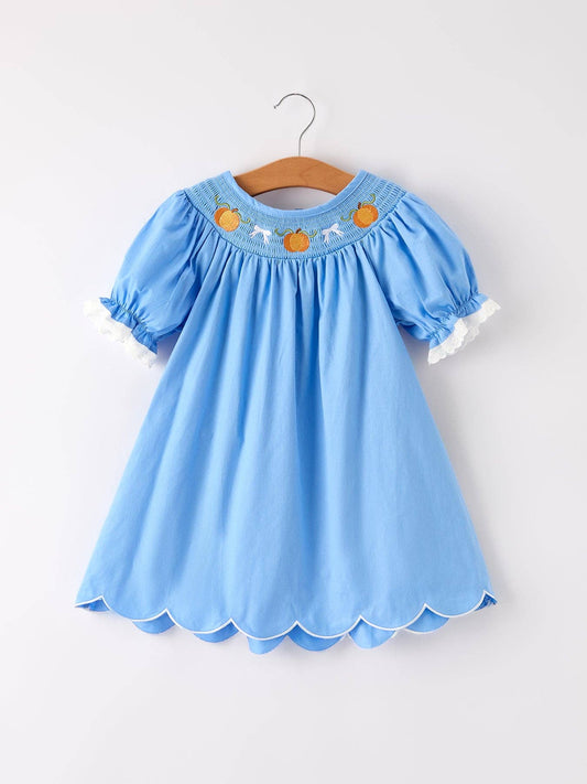 Blue Fall Pumpkin Smock Embroidery Lace Baby Girl Dress