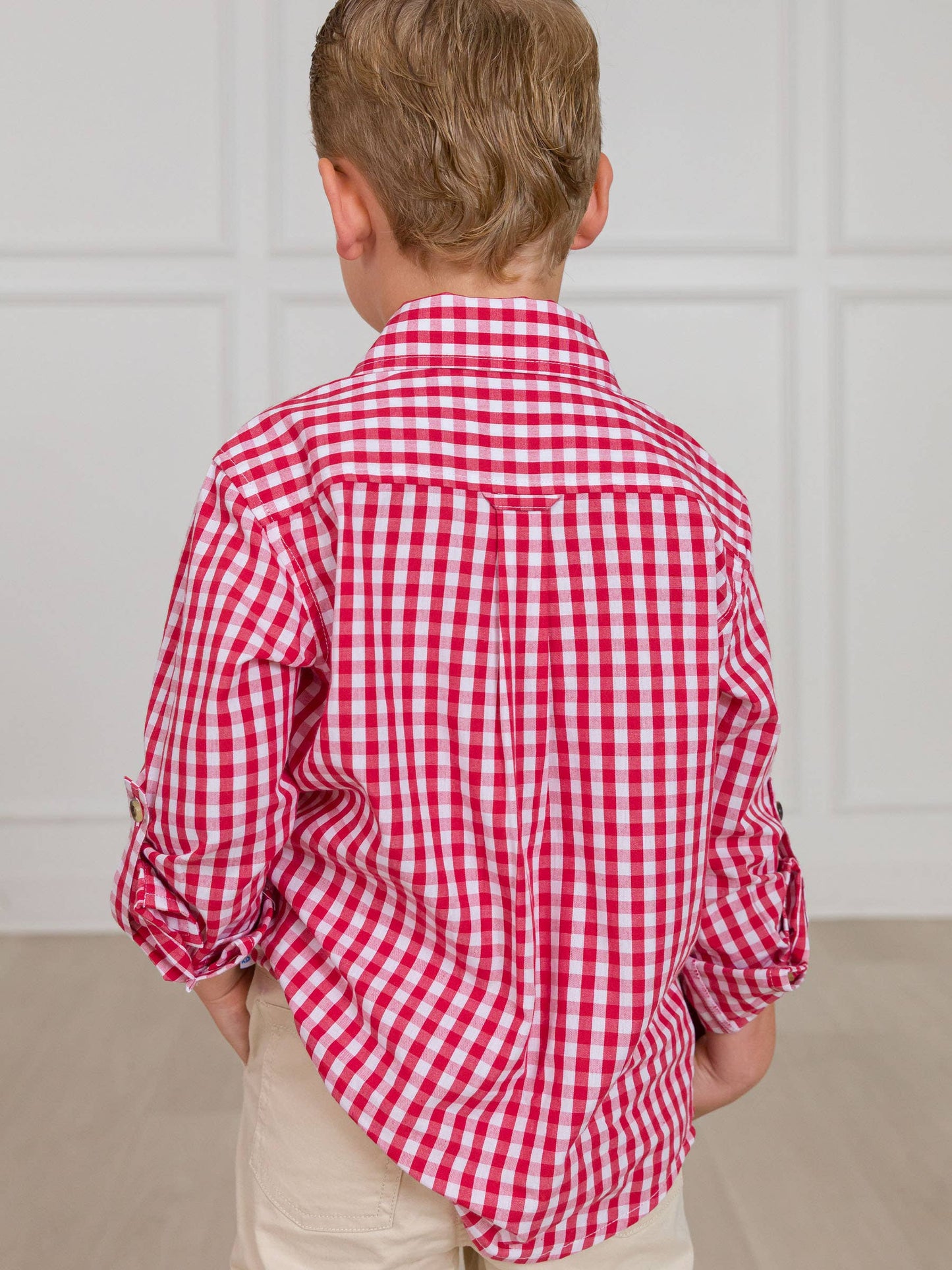 Boys Christmas Classic Red Gingham Long Sleeve Button Down Shirt