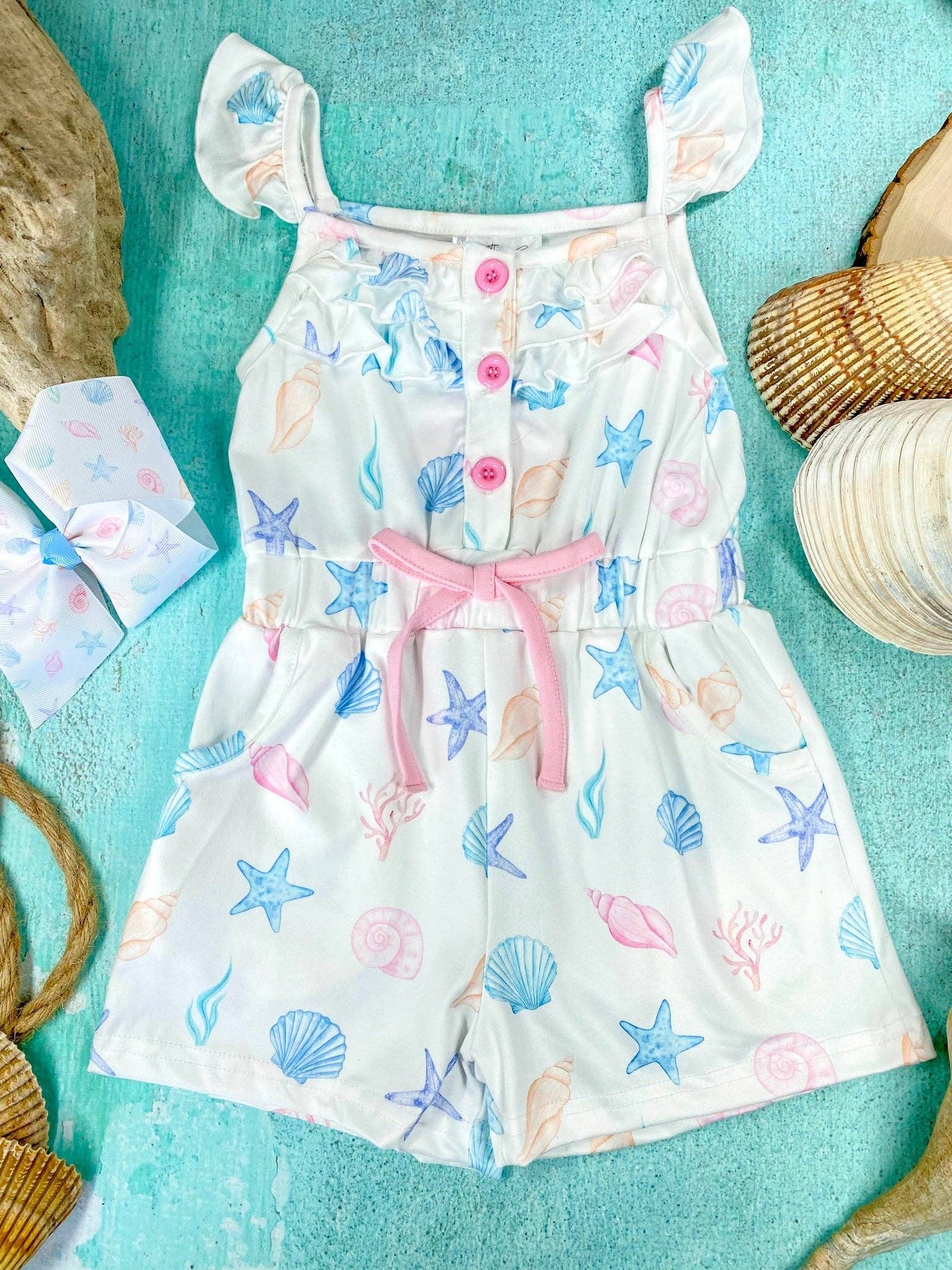 Coastal Seashell Romper | Girls Ocean Print Ruffle Romper