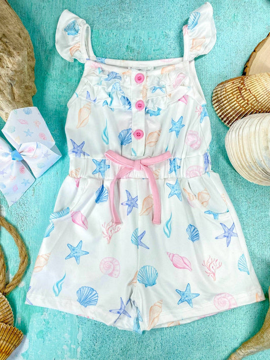 Coastal Seashell Romper | Girls Ocean Print Ruffle Romper