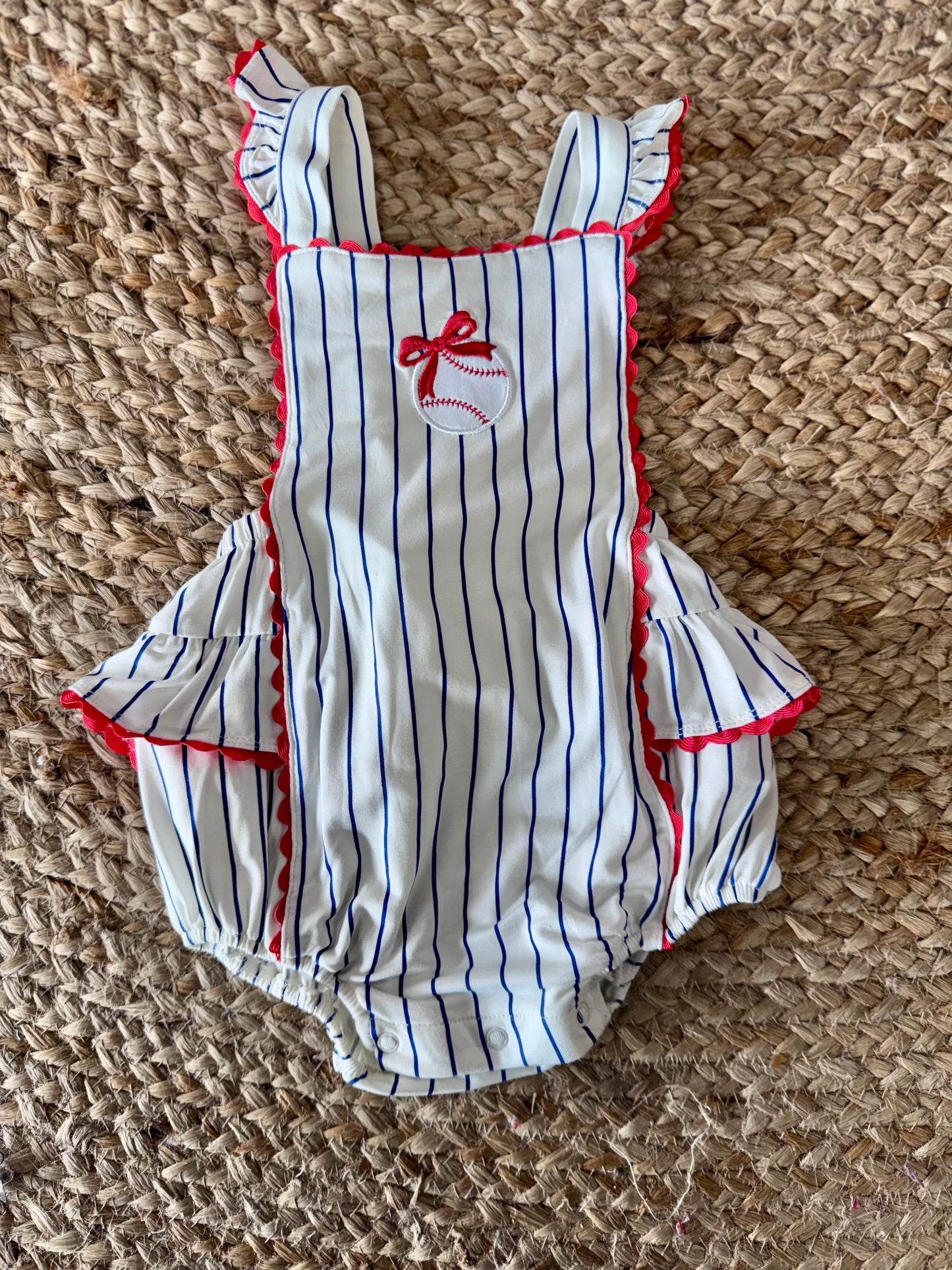 AD Baseball Stripe Ric Rac Ruffle Sunsuit