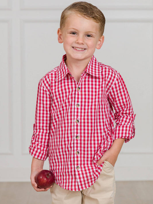 Boys Christmas Classic Red Gingham Long Sleeve Button Down Shirt