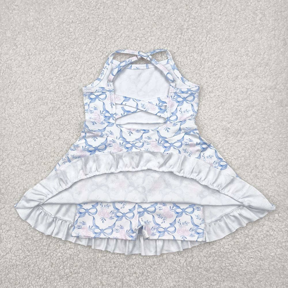 Baby Girls Strap Blue Bows Floral Yoga Ruffle Athletic Dresses