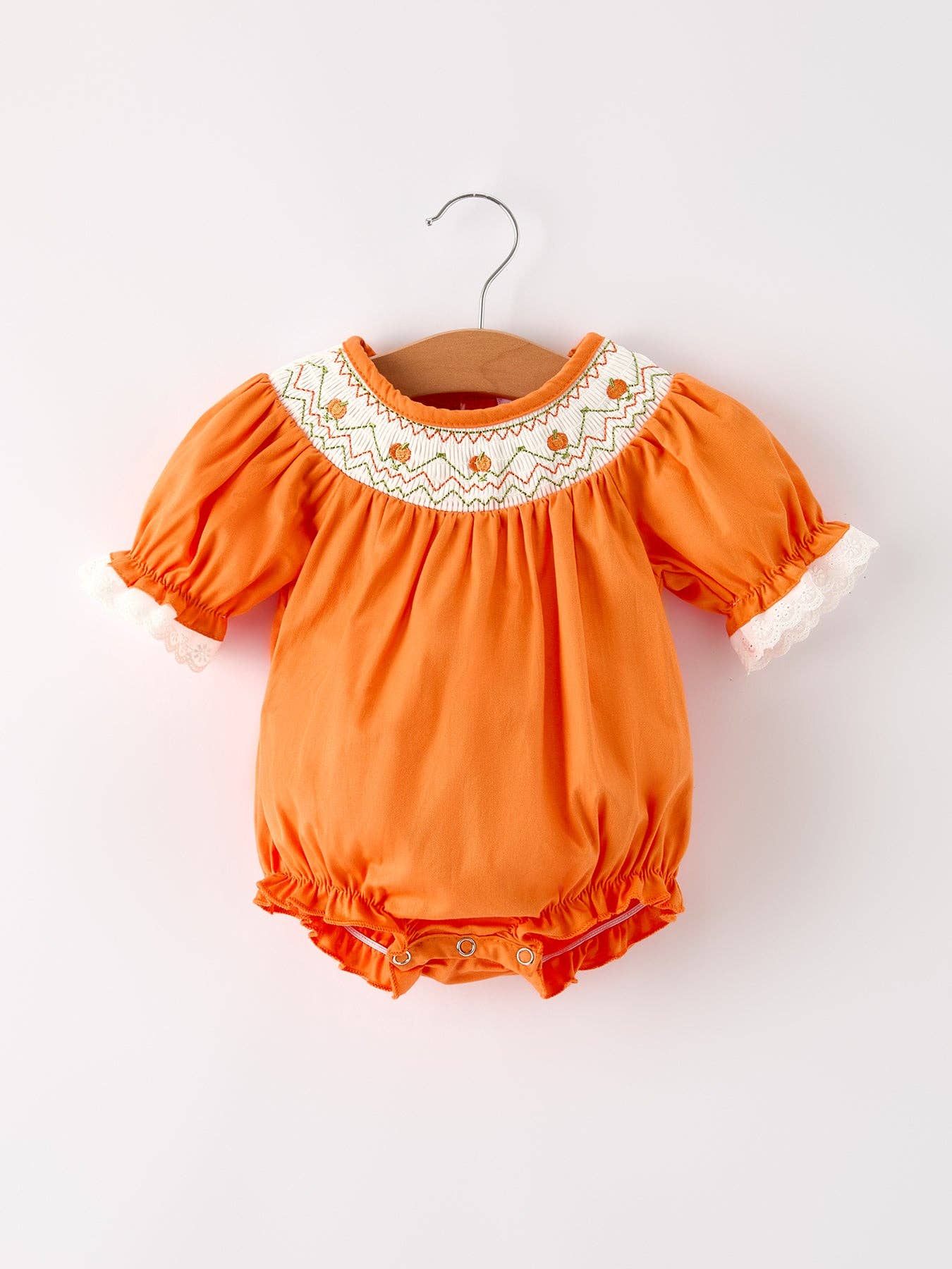 Fall Orange Pumpkin Smock Embroidery Lace Baby Girl Romper