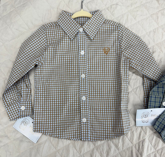 Millie Jay Boys Button Down Blue & Brown LS Shirt