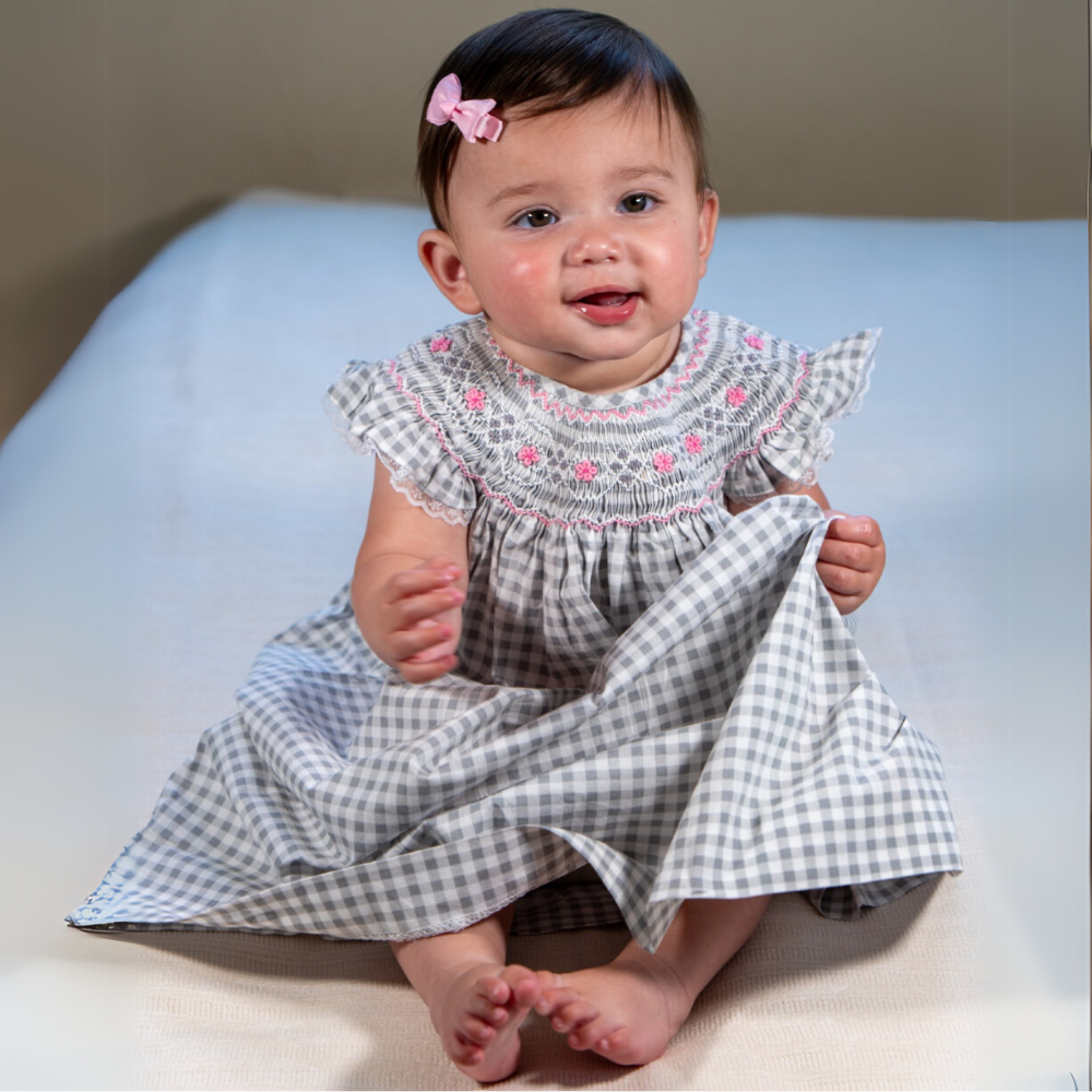 Gray & White Checked Geo Smocked Angel Sleeve Bishop Dress