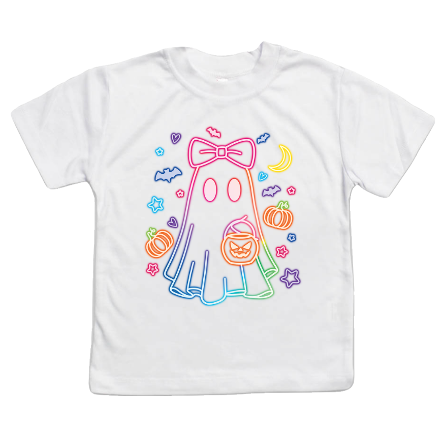 Neon Ghost Girls Halloween Tee Shirt, Pumpkins