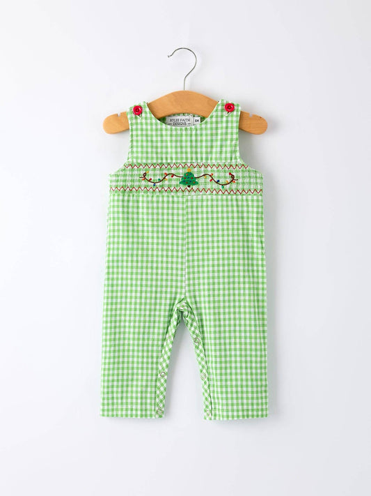 Christmas Tree Smocked Baby Romper with Green Plaid