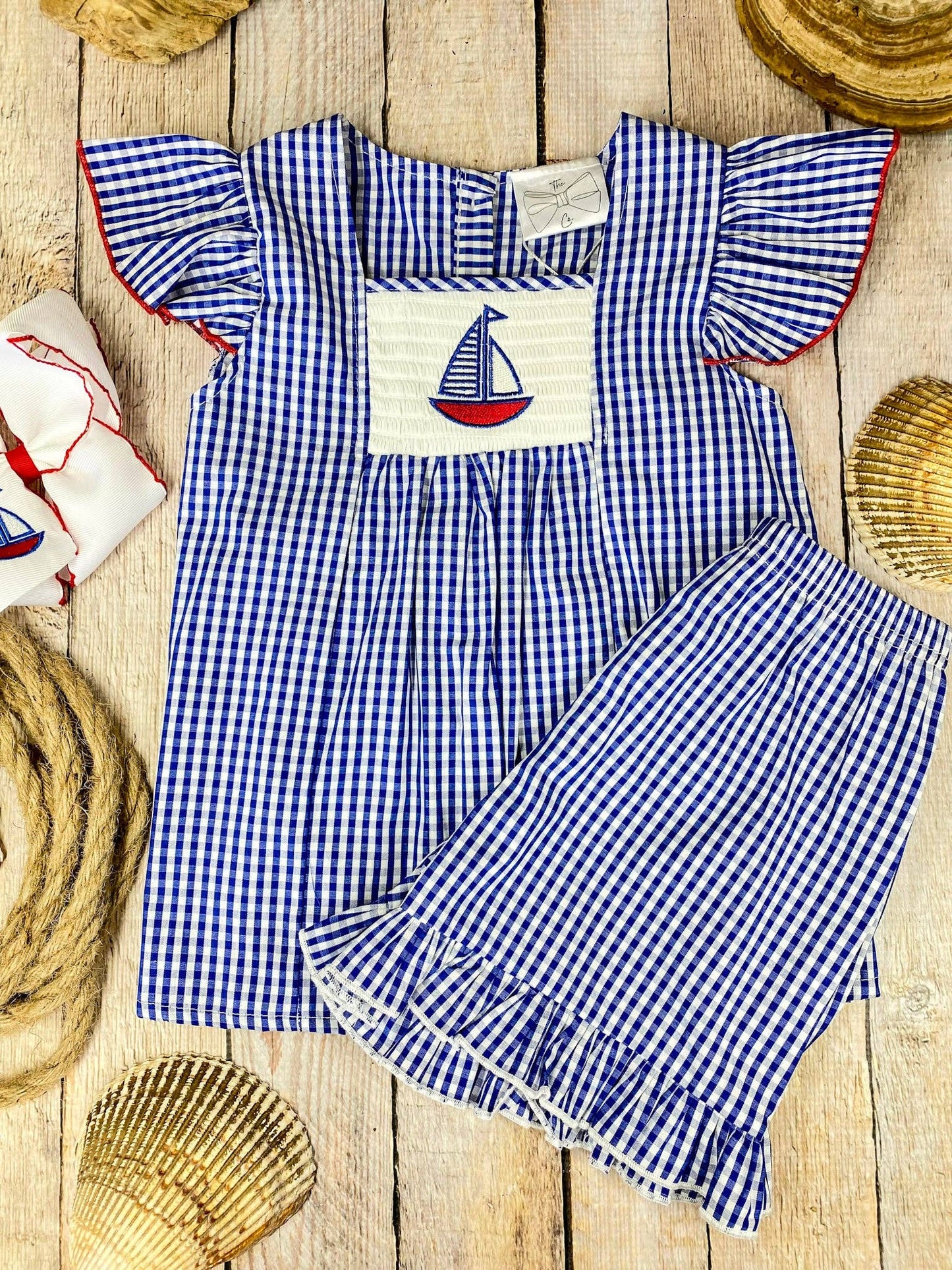Blue Gingham Smocked Sailboat Girls Short Set