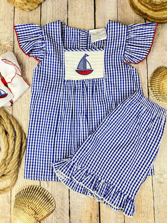Blue Gingham Smocked Sailboat Girls Short Set