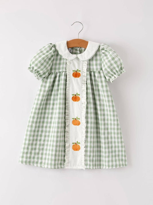 Fall Pumpkin Applique Plaid Green Girls Dress