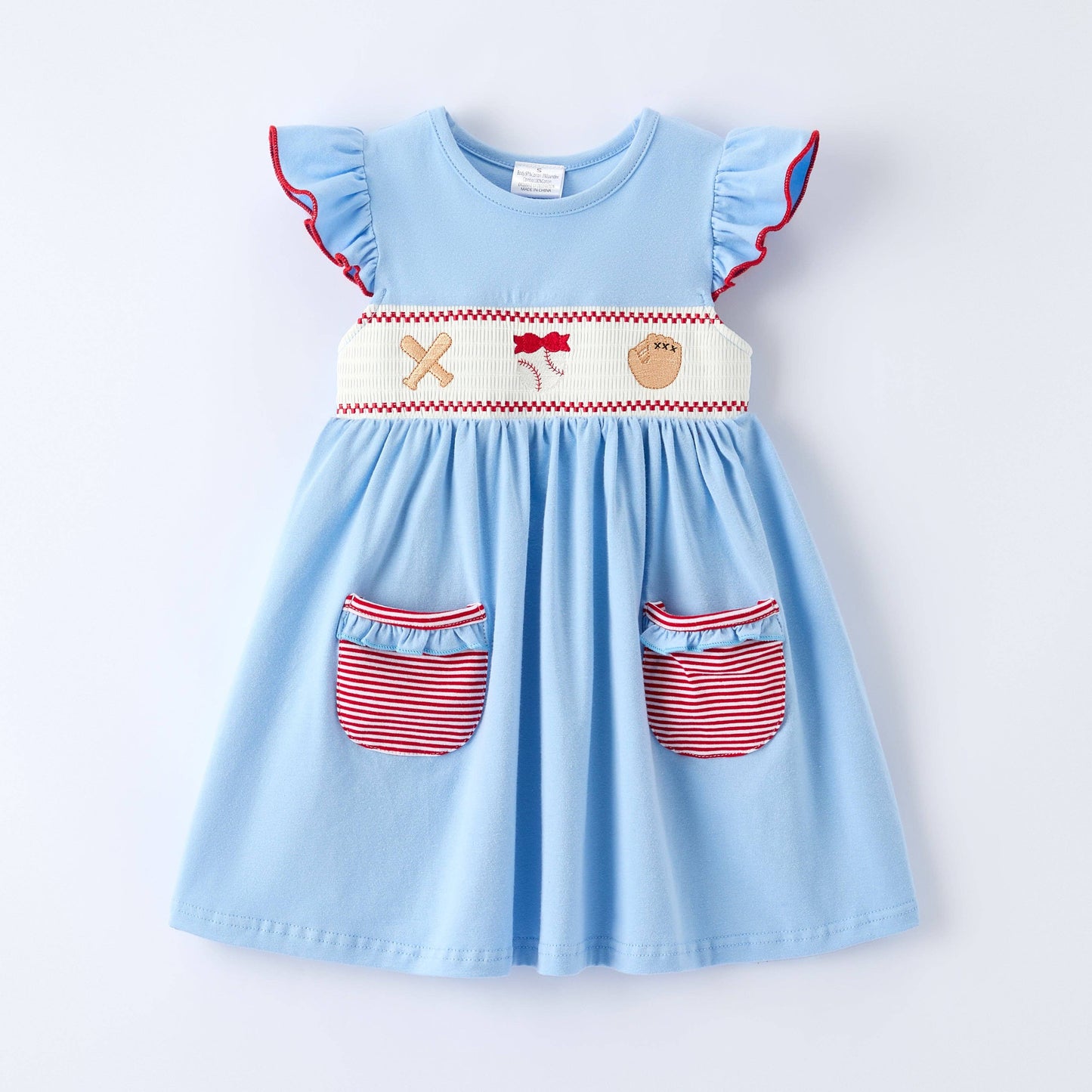 Girls Baseball Embroidery Smocked Blue Dress