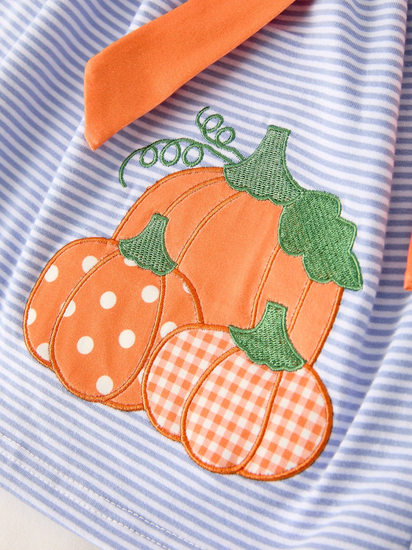 Fall Lapel Stripe Pumpkin Applique Bow Girls Dress