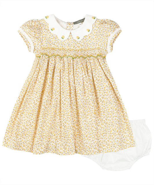 Yellow Floral Smocked Petal Collar Dress