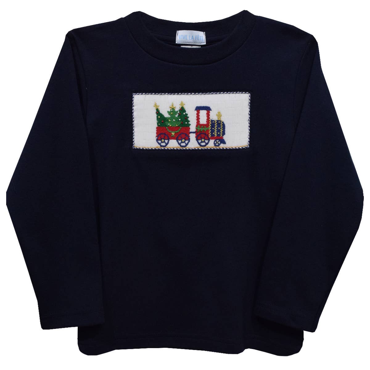 Train & Christmas Tree Smocked Navy Blue Long Sleeve T-Shirt