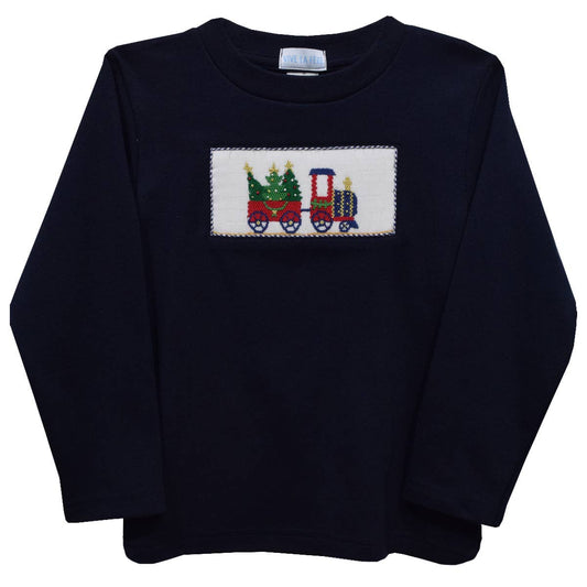 Train & Christmas Tree Smocked Navy Blue Long Sleeve T-Shirt