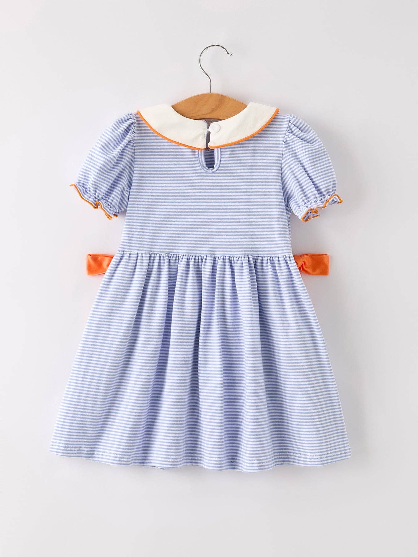 Fall Lapel Stripe Pumpkin Applique Bow Girls Dress