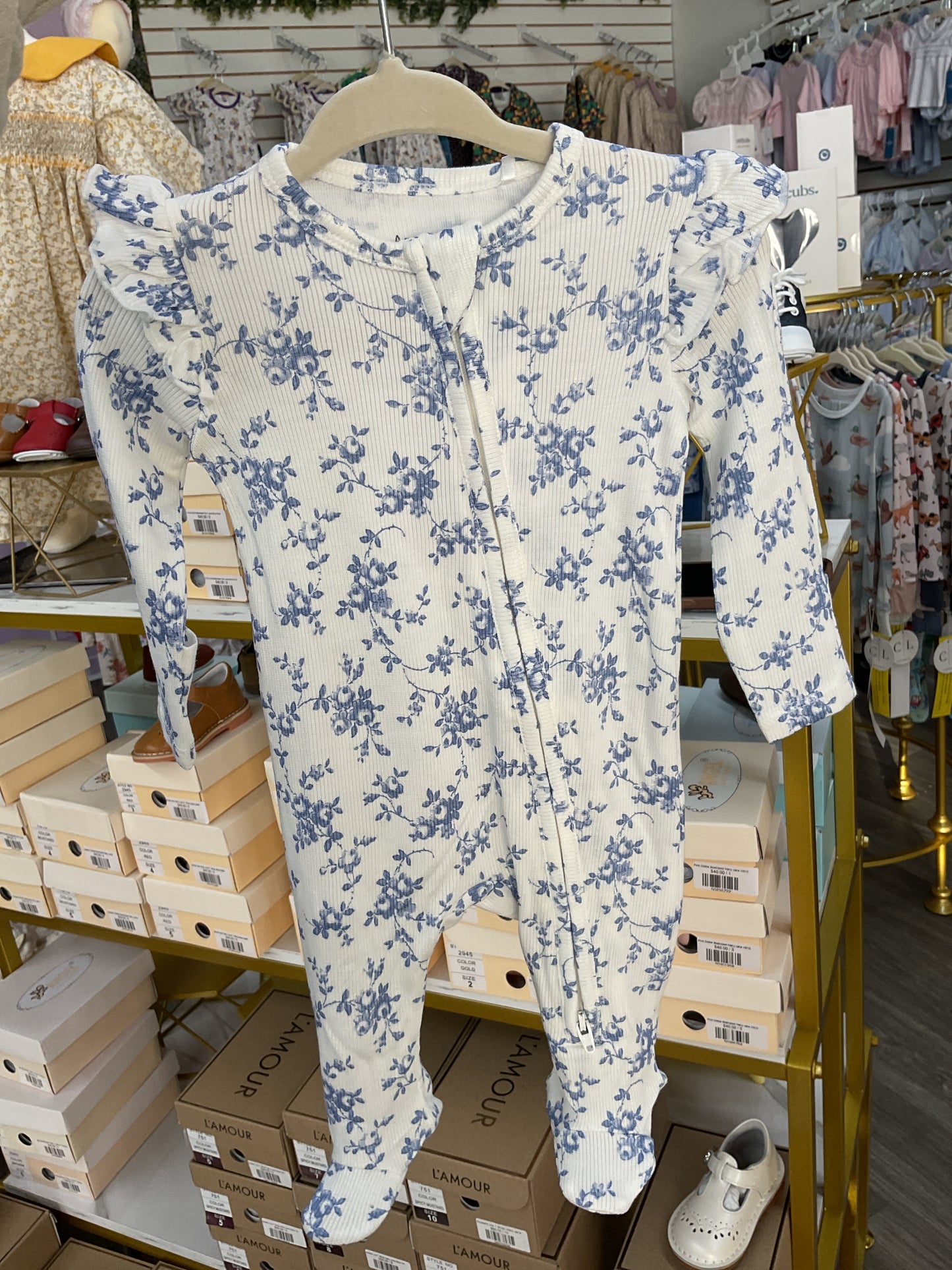 AD Baby Blue Vines Floral 2 Way Zipper Footie
