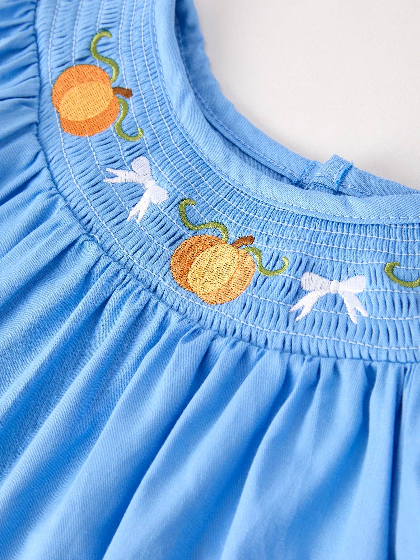 Blue Fall Pumpkin Smock Embroidery Lace Baby Girl Dress