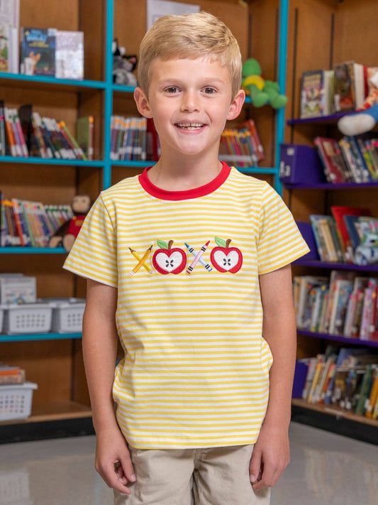 Striped Embroidered Apples & Pencils Cotton Shirt