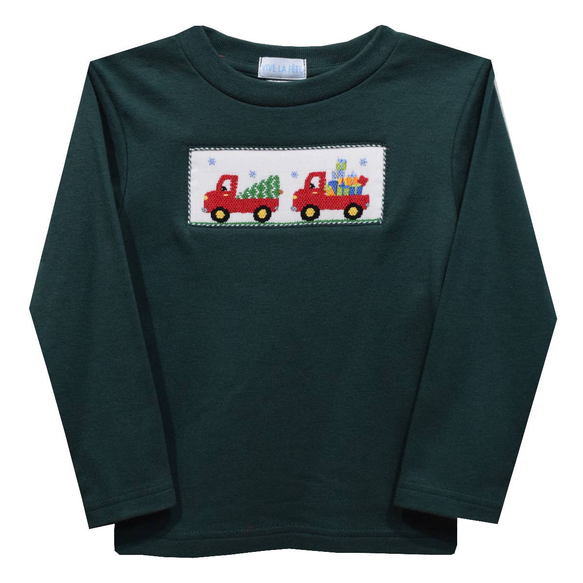 Christmas Trucks Smocked Hunter Green Long Sleeve T-Shirt