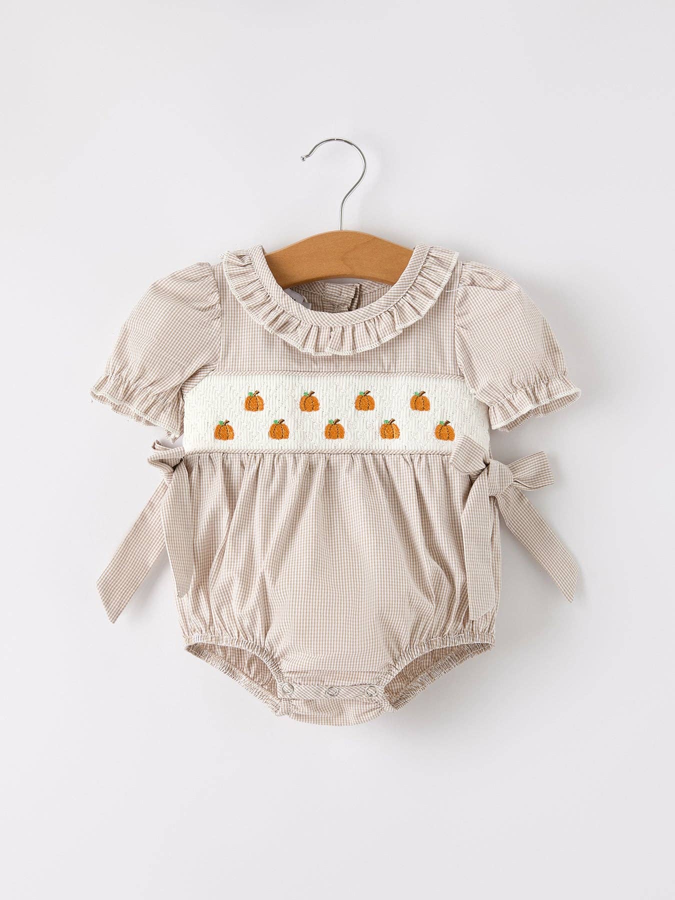 Fall Pumpkin Embroidery Smock Plaid Baby Girl Bubble