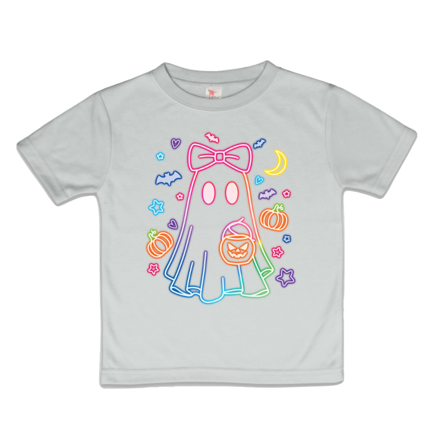 Neon Ghost Girls Halloween Tee Shirt, Pumpkins