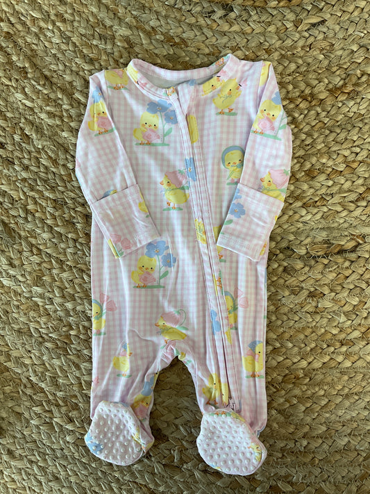 AD Vintage Spring Ducklings Pink 2 Way Zipper Footie