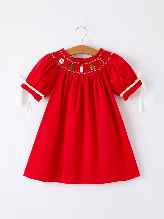 Christmas Gingerbread Embroidery Red Baby Dress with Bow